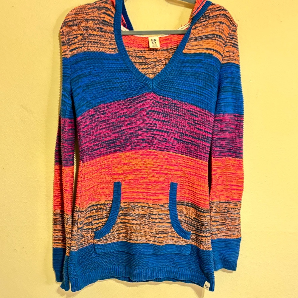 Roxy Colorful Blue Pink Purple V-Neck Hooded Sweater Sz Small Marled Colorblock